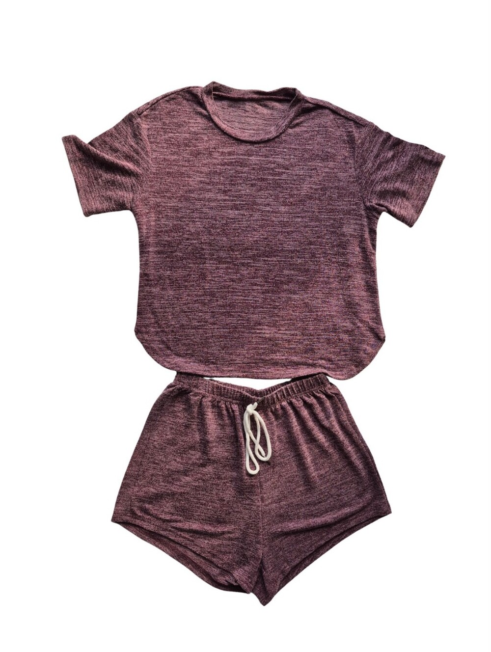 Plum (Purple Burgundy) Lounge & Pajama Set - T-Shirt & Shorts, Faux Drawstring